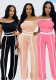 Women Off‑Shoulder Color‑Block Patchwork Line‑Detail Top & Long Pants Two‑Piece Set