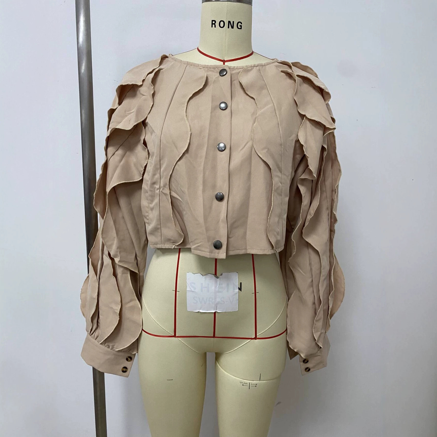 Khaki Irregular Ruffle Lantern-Sleeve Crop Top Jacket