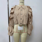 Women Khaki Irregular‑Ruffle Lantern‑Sleeve Crop Top Jacket