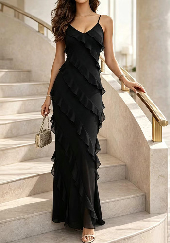 Women French‑Style Beach Holidays Ruffle‑Edge Slit Strap Dress