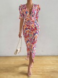 Women Oil‑Painting Tie‑Dye Print Pleated Short‑Sleeve Slit Dress