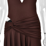 Women Sexy Twisted V‑Neck Halter Neck Backless Asymmetrical Dress