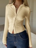 Women V‑Neck Front‑Open Basic Stretchy Top