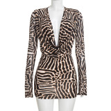 Women's Fall Animal Print Cowl Neck Long-Sleeve Sexy Bodycon Dress