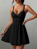 Women V‑Neck Cami Pleated Backless Dress