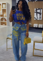 Women Print Layer‑Up Letter‑Graphic Painted Denim Wide‑Leg Long Pants Women Print Layer‑Up Letter‑Graphic Painted Denim Wide‑Leg Long Pants