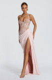 Women's Sexy V-Neck Lace Patchwork Waist-Cinching Lace-Up Slim Fit Slit Formal Dress