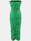 Women Pleated Stretch Strapless Maxi Dress