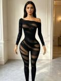 Women's Sexy See-Through Mesh Hollow-Out Long-Sleeve Bodycon Jumpsuit