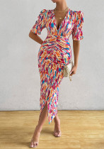 Women Oil‑Painting Tie‑Dye Print Pleated Short‑Sleeve Slit Dress