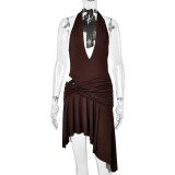 Women Sexy Twisted V‑Neck Halter Neck Backless Asymmetrical Dress