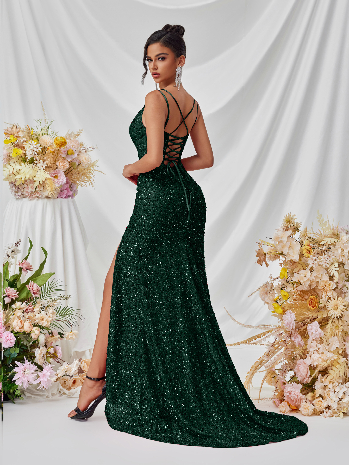 Sequin V-Neck Cami Mermaid Slit Evening Dress