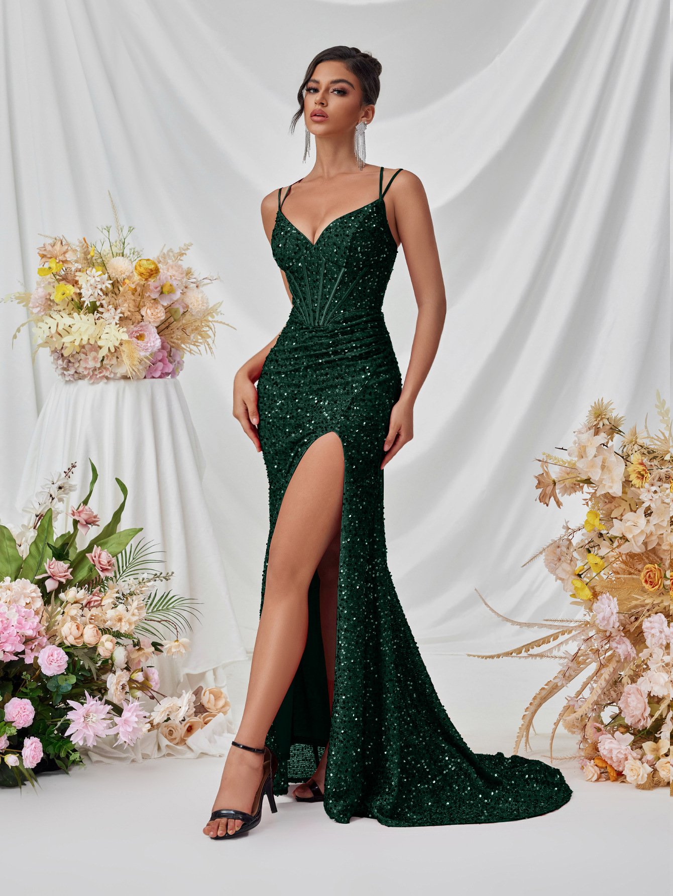 Sequin V-Neck Cami Mermaid Slit Evening Dress