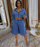 Women Casual Denim Washed Hooded Jacket & Denim Shorts Two‑Piece Set
