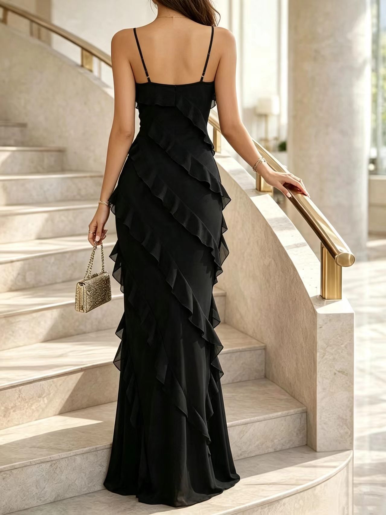Ruffle-Edge Slit Strap Dress for Beach Holidays