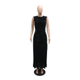 Women's Sexy Sleeveless Round Neck Velvet Sequin Patchwork Chiffon Party Maxi Dress