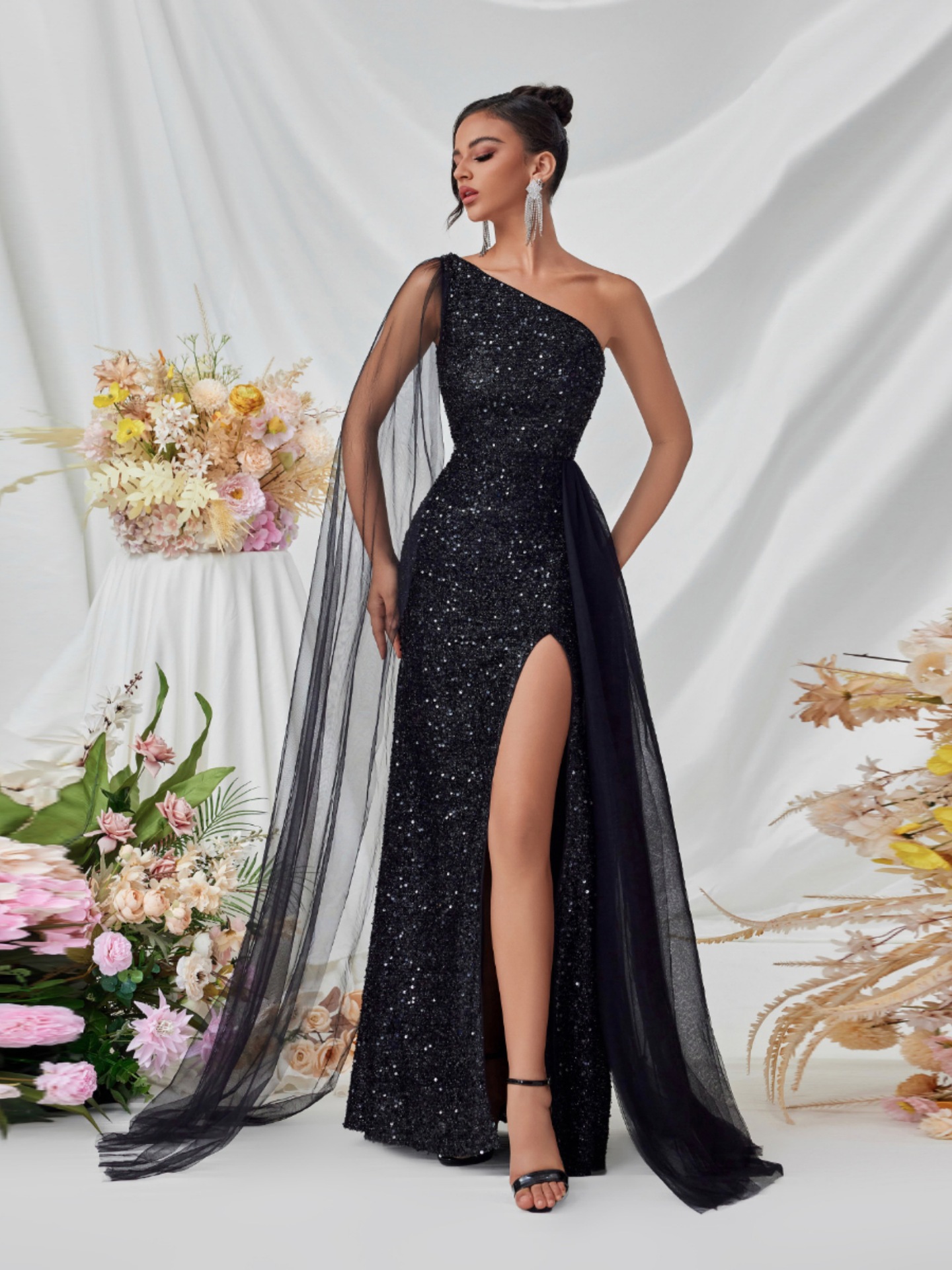Slash Shoulder Sequin Mesh Sash-Detail Slit Evening Dress
