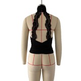 Women's Lace Patchwork Low Back Ruched Slim Fit Crop Top
