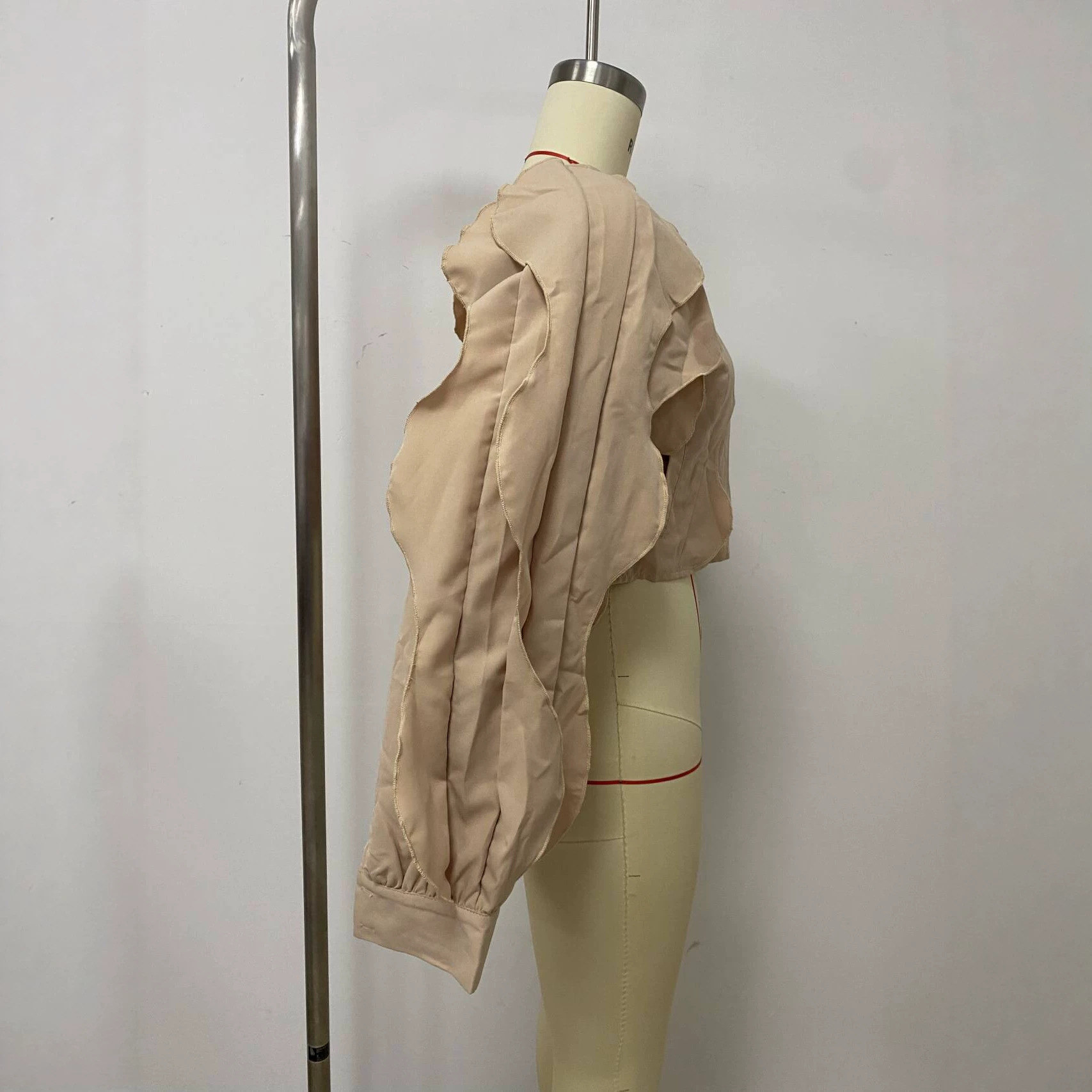 Khaki Irregular Ruffle Lantern-Sleeve Crop Top Jacket