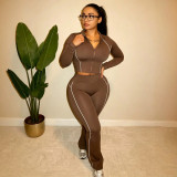 Women American‑Style Stand‑Collar Zipper Jacket & Bell Bottom Pants Two‑Piece Set