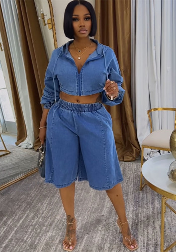 Women Casual Denim Washed Hooded Jacket & Denim Shorts Two‑Piece Set