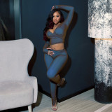 Women Autumn Ombre Long‑Sleeve V‑Neck Top & Long Pants Two‑Piece Set