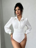 Women Turndown Collar Puff Long‑Sleeve Waist‑Tied Blouse Bodysuit