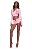 Women's Fashion Casual Printed Zip-Up Hooded Long-Sleeve Top and Drawstring Shorts Set