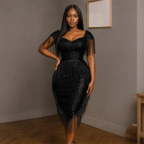 Women's Fashion Sexy Off Shoulder Irregular Tassel Sequin Mini Party Dress