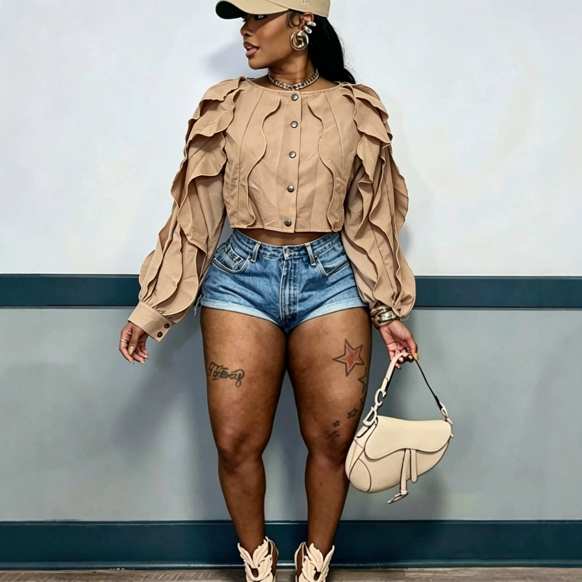 Khaki Irregular Ruffle Lantern-Sleeve Crop Top Jacket