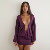 Women's Fall Solid Color V-Neck Hollow-Out Patchwork Slim Waist Ruched Bodycon Dress