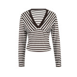 Women Striped V‑Neck Color‑Block Long‑Sleeve Basics T‑Shirt
