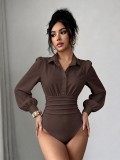 Women Turndown Collar Puff Long‑Sleeve Waist‑Tied Blouse Bodysuit