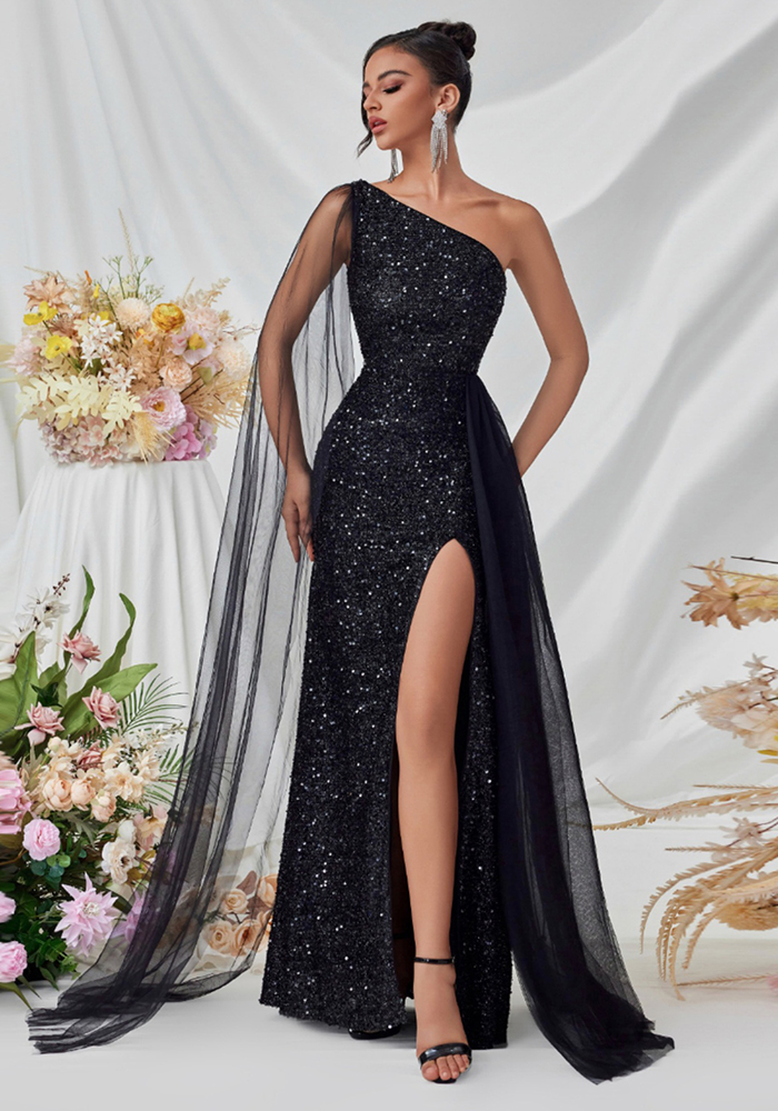 Slash Shoulder Sequin Mesh Sash-Detail Slit Evening Dress