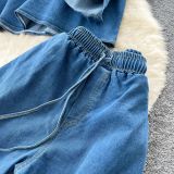 Women Turndown Collar Long‑Sleeve Denim Top & Casual Wide‑Leg Pants Two‑Piece Set