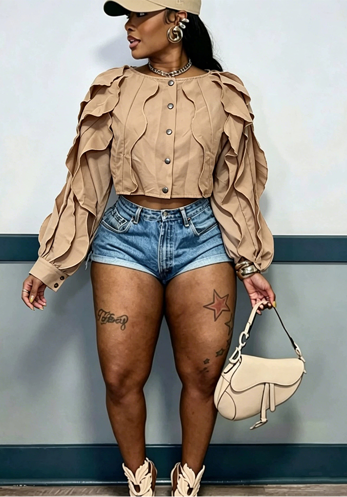 Khaki Irregular Ruffle Lantern-Sleeve Crop Top Jacket