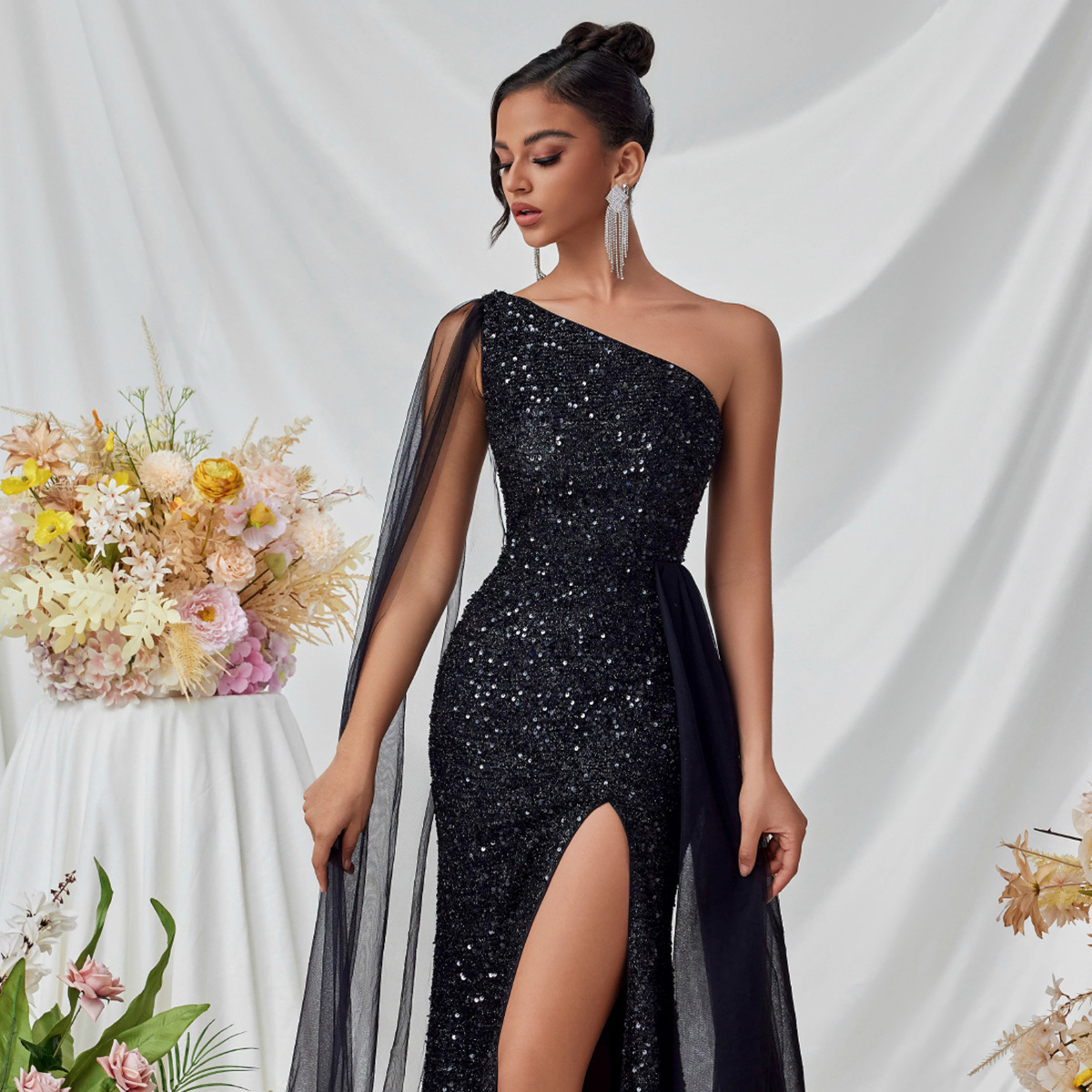 Slash Shoulder Sequin Mesh Sash-Detail Slit Evening Dress