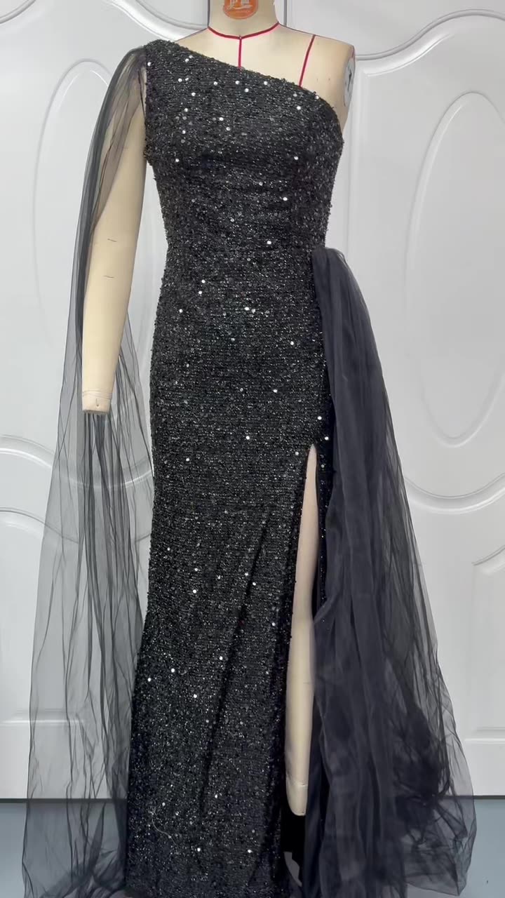 Slash Shoulder Sequin Mesh Sash-Detail Slit Evening Dress