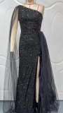 Women Slash‑Shoulder Sequin Mesh Sash‑Detail Slit Evening Dress