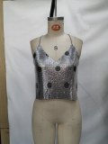 Women Metallic Sequin V‑Neck Cami Top with Polka‑Dot Print