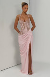 Women's Sexy V-Neck Lace Patchwork Waist-Cinching Lace-Up Slim Fit Slit Formal Dress