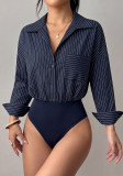 Women Striped Turndown Collar Cuffed Long‑Sleeve Blouse Bodysuit