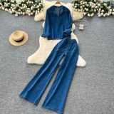 Women Turndown Collar Long‑Sleeve Denim Top & Casual Wide‑Leg Pants Two‑Piece Set