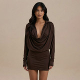 Women Autumn Turndown Collar Long‑Sleeve Bodycon Dress