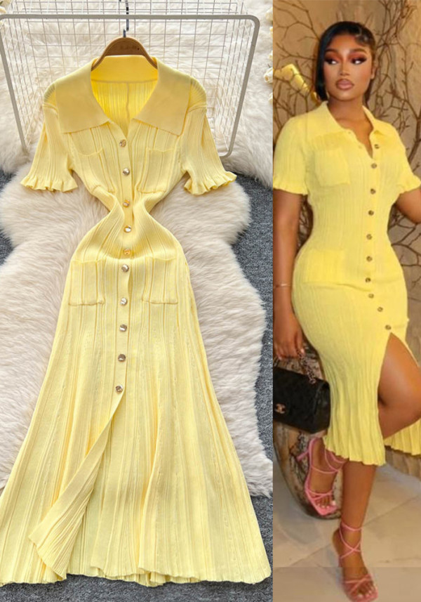 Women Turndown Collar Knit Summer Maxi Dress