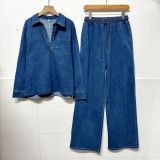 Women Turndown Collar Long‑Sleeve Denim Top & Casual Wide‑Leg Pants Two‑Piece Set