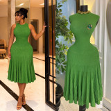 Women Sleeveless Knit Summer Pleated Patchwork Maxi Dress