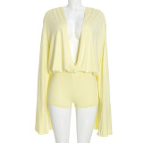 Women Autumn V‑Neck Draped Backless Tie‑Up Bell Bottom Long‑Sleeve Jumpsuit