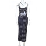 Women's Slim Fit Chic Polka Dot Strap Slit Long Dress