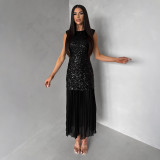 Women's Sexy Sleeveless Round Neck Velvet Sequin Patchwork Chiffon Party Maxi Dress